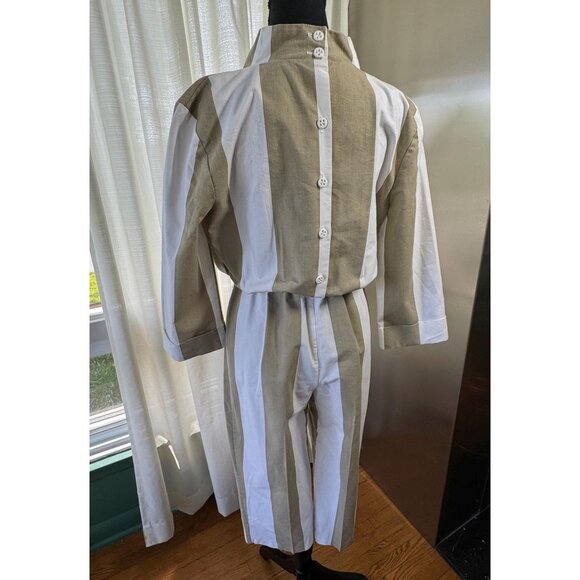 Vintage 80s jumpsuit, taupe & white stripes, avant-garde style, asymmetric top - Picture 5 of 10